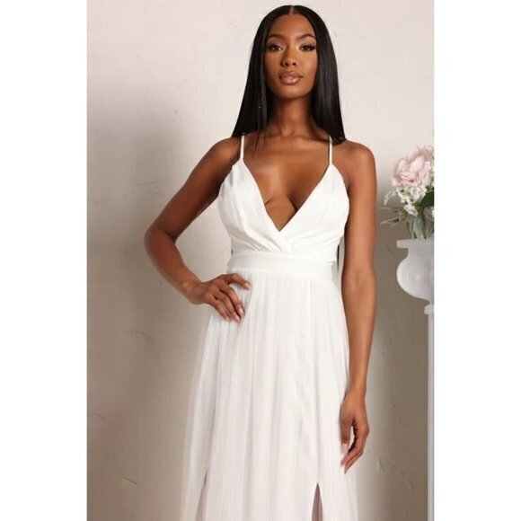 Blashe Mesh Overlay Maxi‎ Surplice V-Neckline Dress White Size Small - Picture 2 of 4